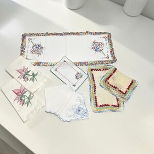 Vintage Doilies Lot Of 7 Table Scarf & Topers Crocheted Embroidered Handmade
